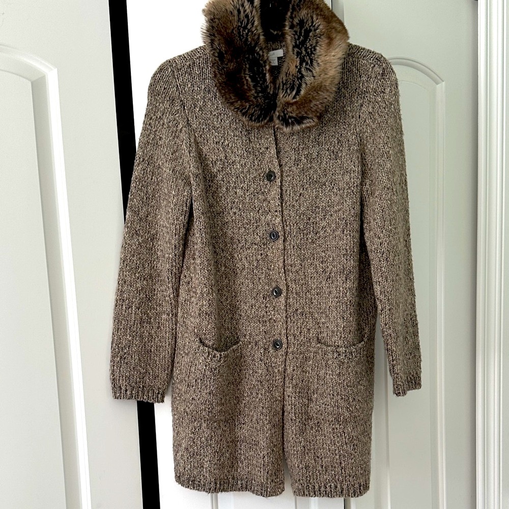 Brown Knit Coat with Faux Fur Collar